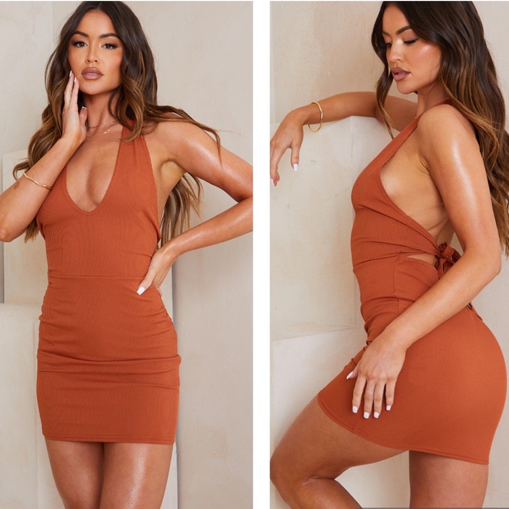 Prettylittlething Rust Ribbed Halterneck Tie Back Dress 12